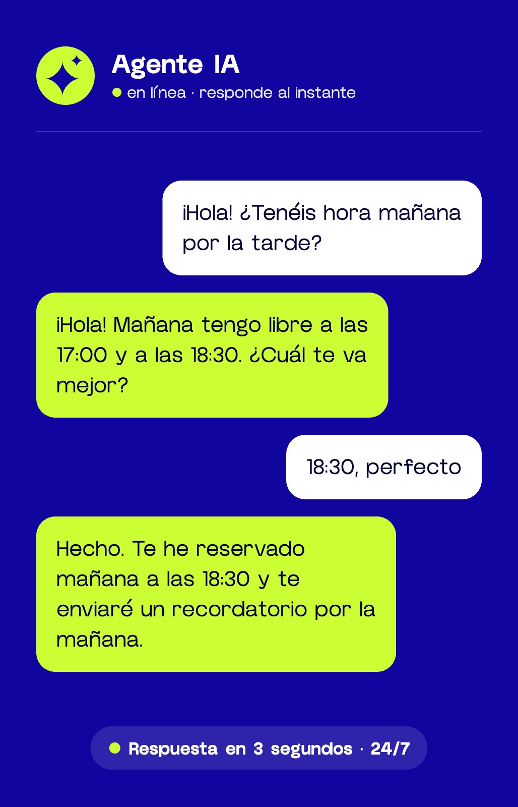 Agentes de IA para empresas: ejemplo de reserva atendida por un agente de WhatsApp